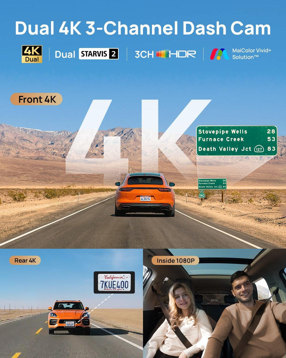 70mai 4K T800 3 Channel Dash Cam, Dash Cam Front and Rear Inside(2160P+2160P+...