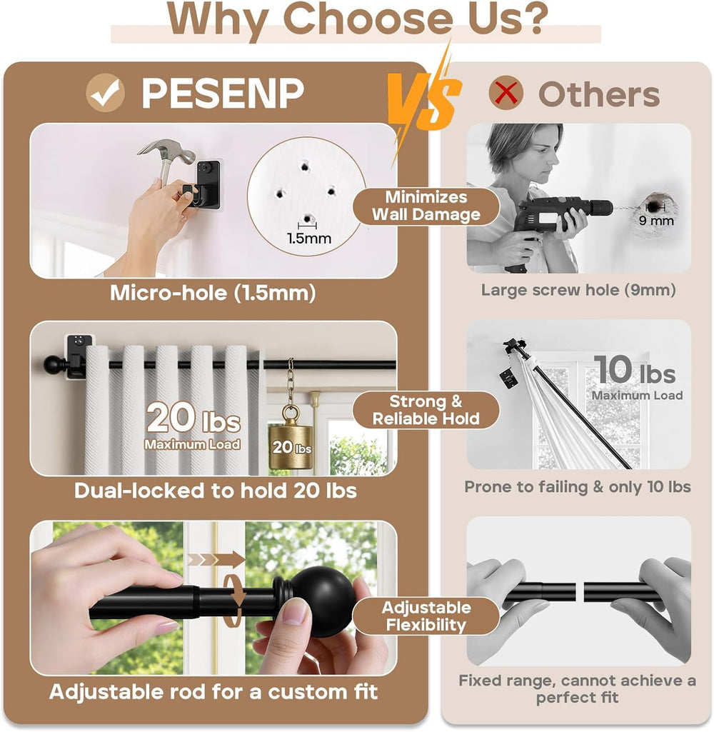 No-Drill Curtain Rod with Adhesive & Pin-Nail Mount System - Renter Frien...