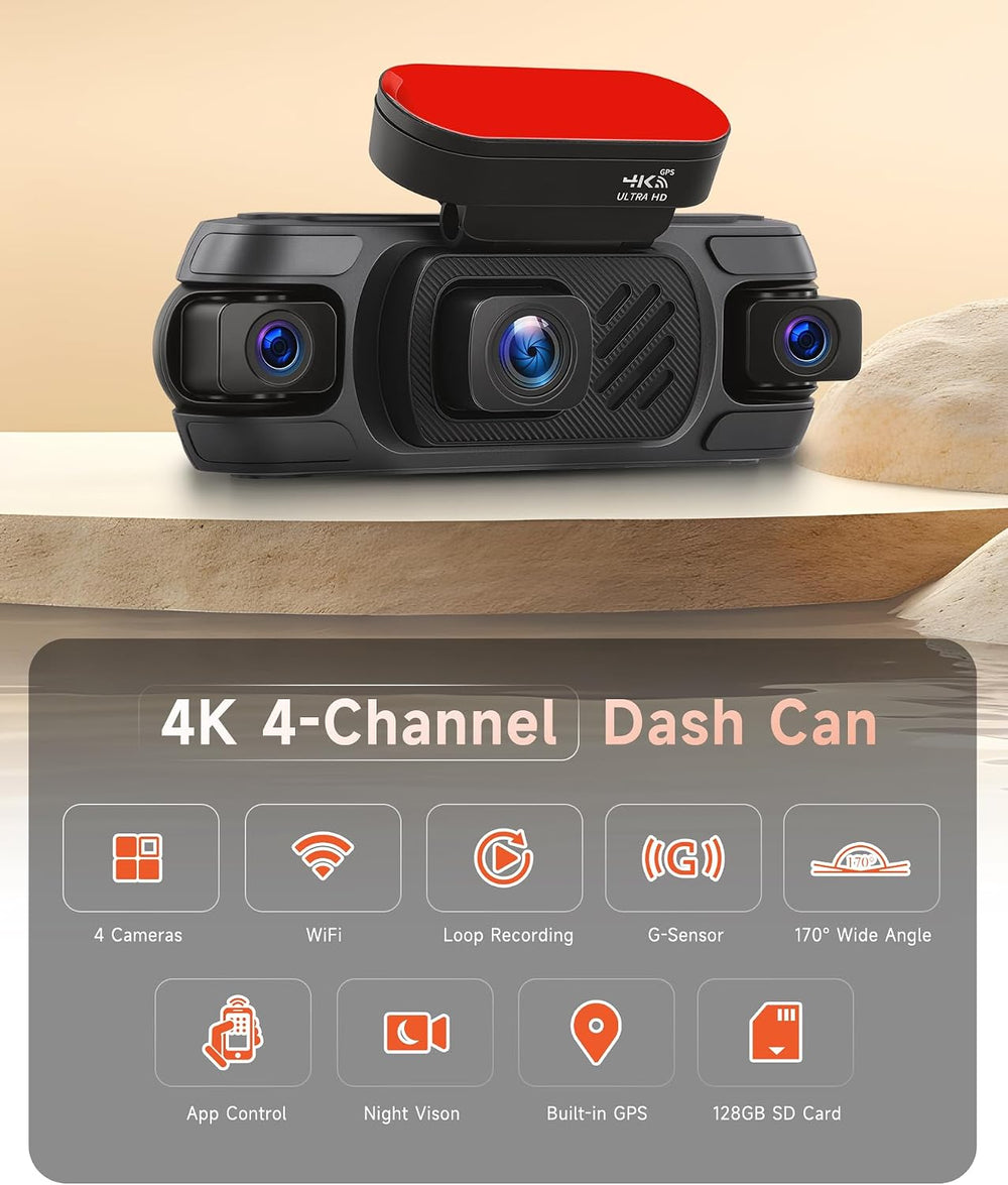 4 Channel Dash Cam Front and Rear, 360° View 4K Front 1080P Rear Inside