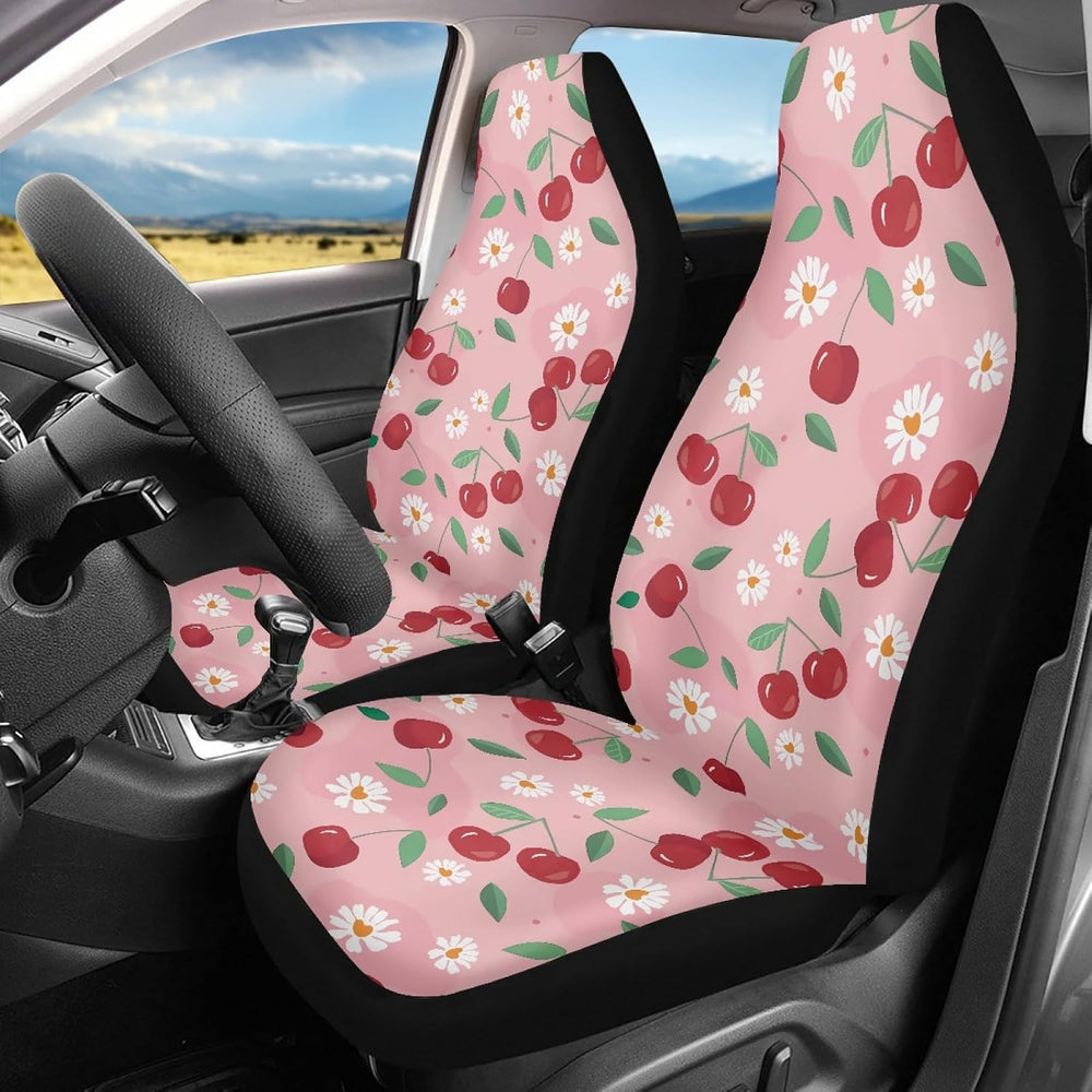 Pink Cherry Print Universal Fit Front Car Seat Cover for Women Girls Stain Re...