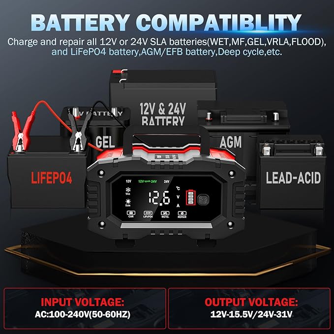 20-Amp Car Battery Charger, 12V/20A and 24V/10A LiFePO4, Lead-Acid Automatic