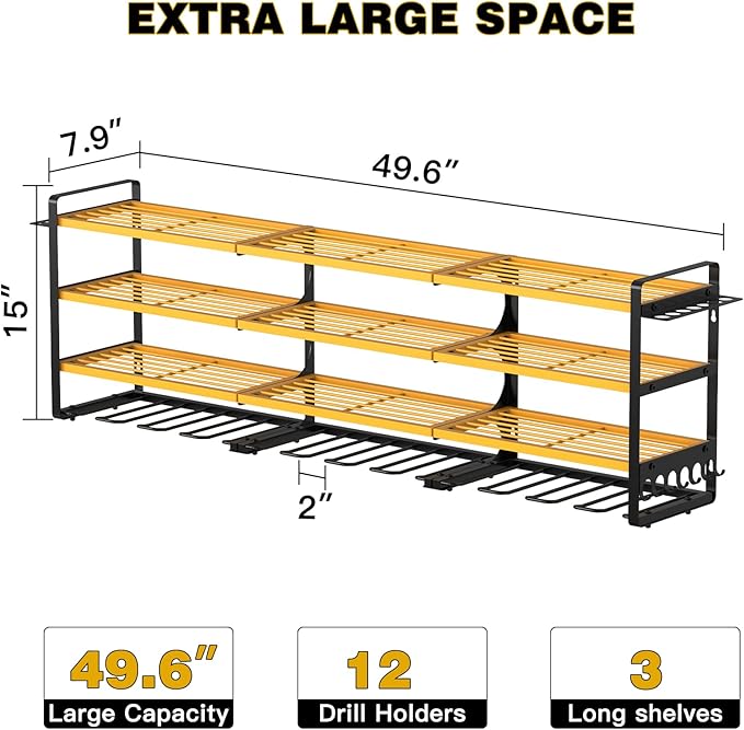 48" Large Power Tools Organizer Wall Mount, 12 Drill Holder