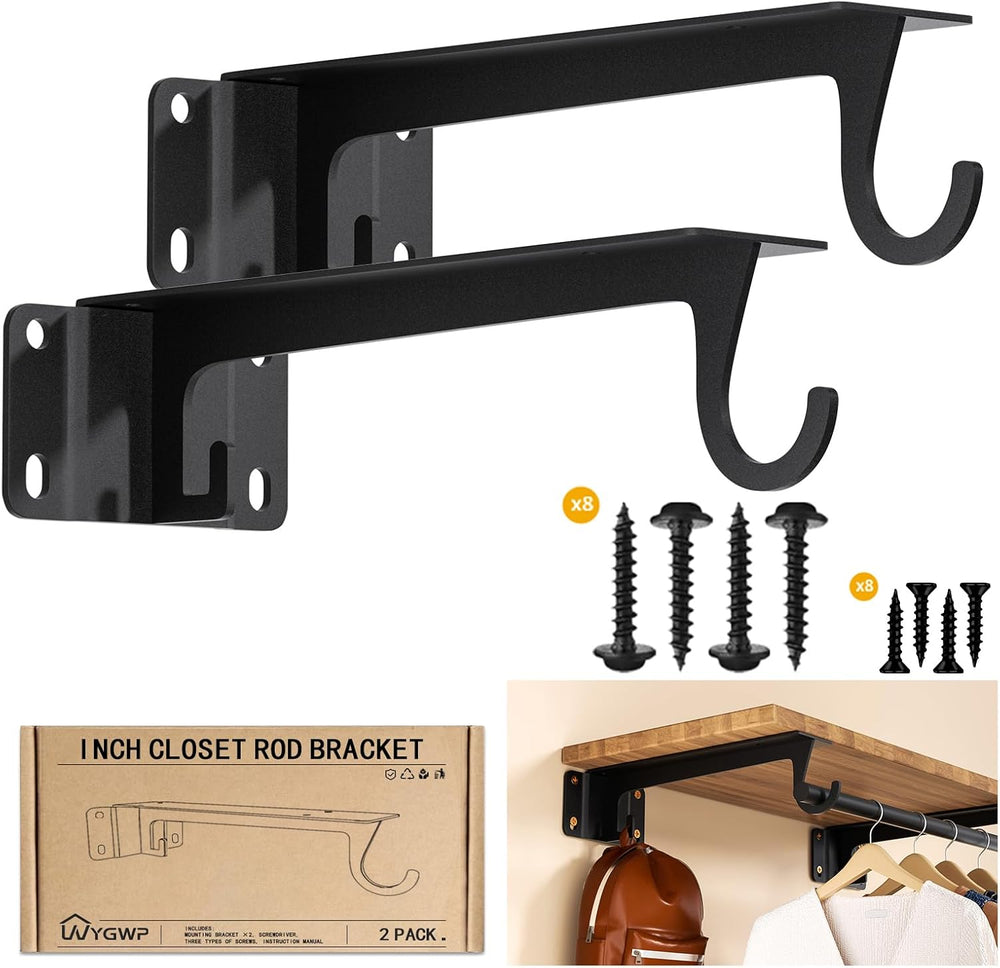 14inch Heavy Duty Closet Rod Bracket Supports 200lbs (2pack Black)