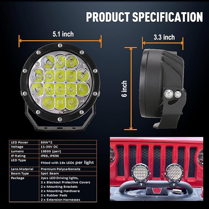 BIGLION.X Pair 160w 5 Inch Round Led Offroad Driving Lights Fog Lights 18800LM