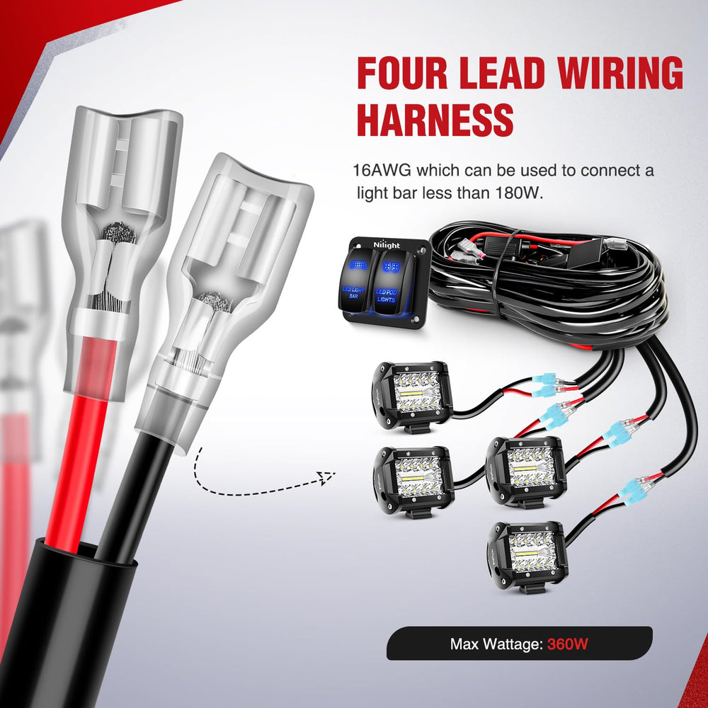 Nilight 12V On/Off Rocker Switch Panel LED Light Bar Wiring Harness Kit