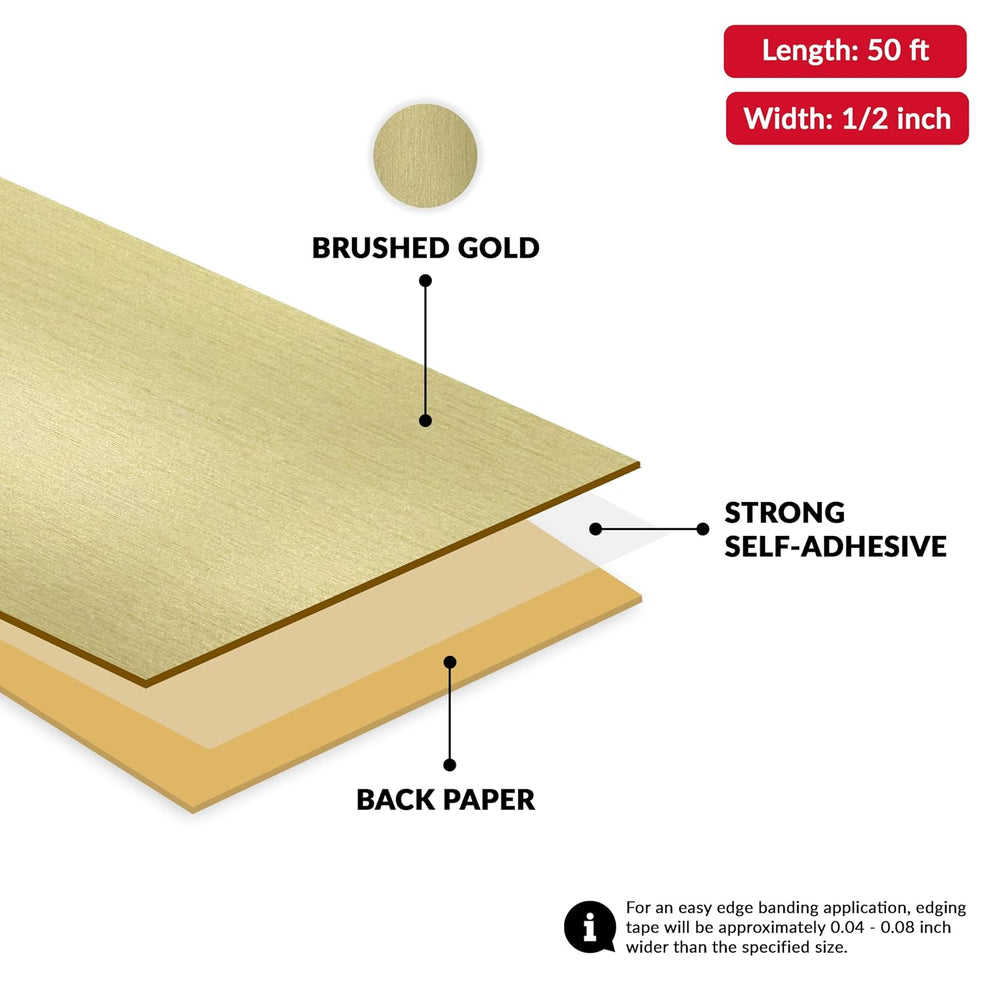 Brushed Gold PVC 1/2 inch x 50 ft Edge Banding Peel Stick Tape Adhesive Metal...