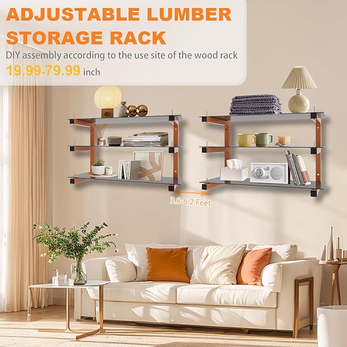 4 Pack Wall-Mounted Lumber Rack, Heavy Duty Wood Storage Racks, 6-Level System