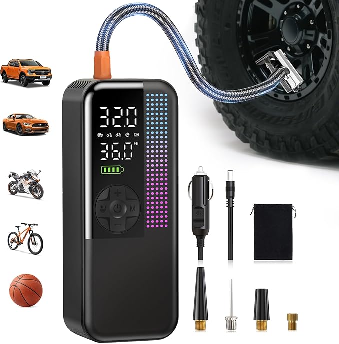 Tire Inflator Portable Air Compressor, 150 PSI Cordless Air Pump, Dual Power