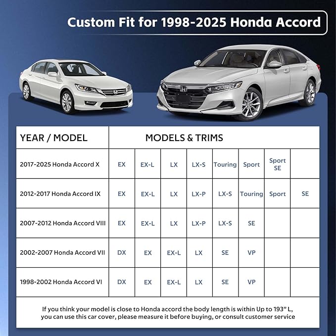 10 Layers Car Cover Custom Fit for Honda Accord, Waterproof All Weather for