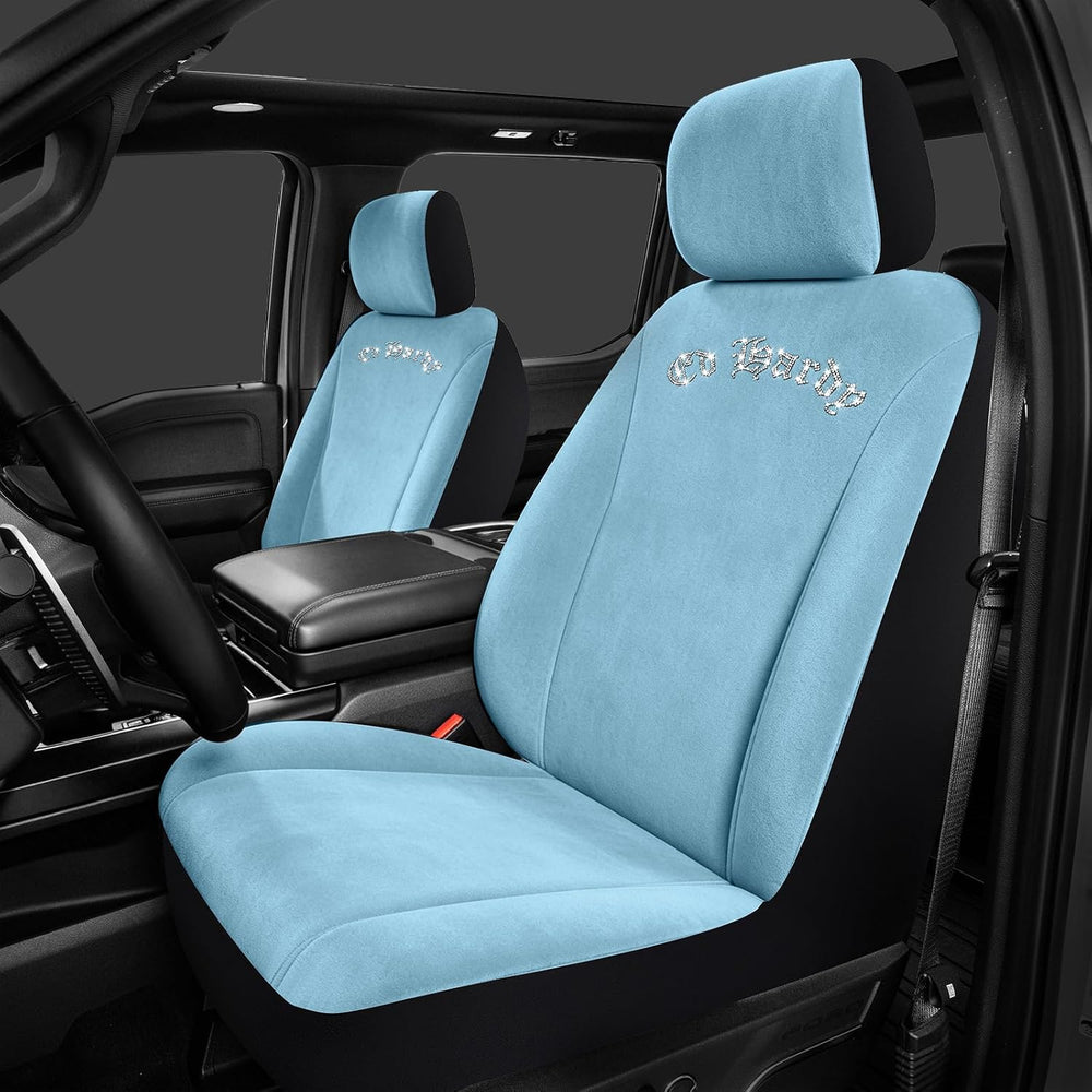 ED HARDY Car Seat Covers, Light Blue Short Plush & Silver Diamond Graphic