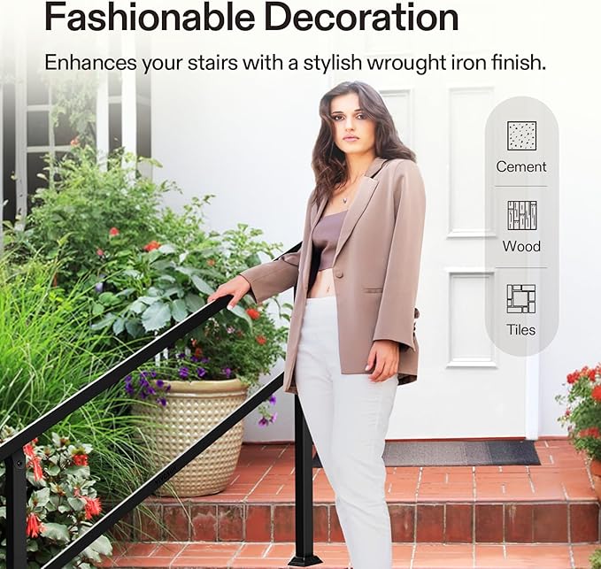 VIVOSUN Outdoor Handrail, 4 Step Stair Handrail, Wrought Mattle Iron Handrail