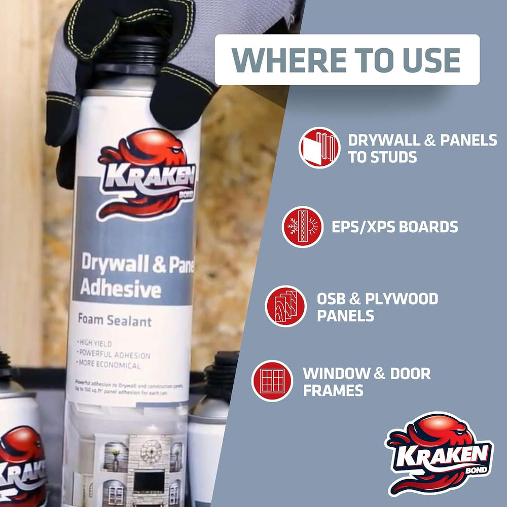 KRAKEN BOND Drywall & Panel Adhesive Foam - (1x24oz) Heavy-Duty, Fast-Cur...