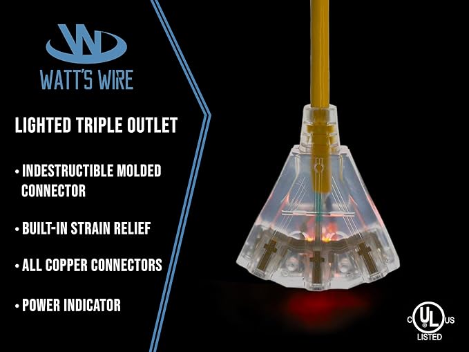 3 Pack - 2 ft - 12 Gauge Heavy Duty Extension Cord - 3 Outlet Lighted SJTW -