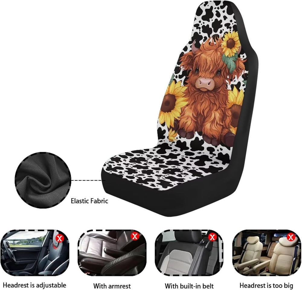 Cute Sunflower Highland Cow Front Seat Covers for Cars Bucket Seat Covers Bla...