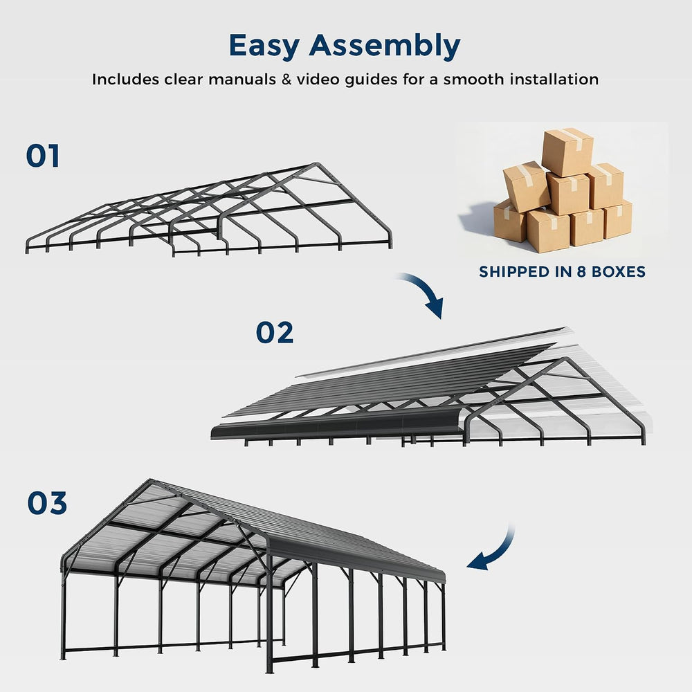 HOMSHADE 20x30FT Heavy Duty Metal Carport with 132°Steep Anti-Pooling Roof