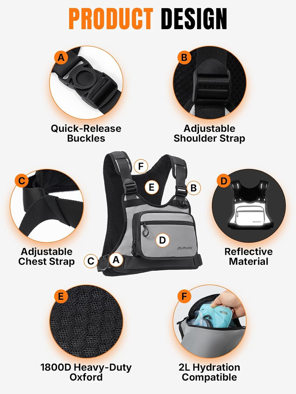 Oumurs Reflective Motorcycle Chest Bag with Quick-Release Buckle for Men &amp...