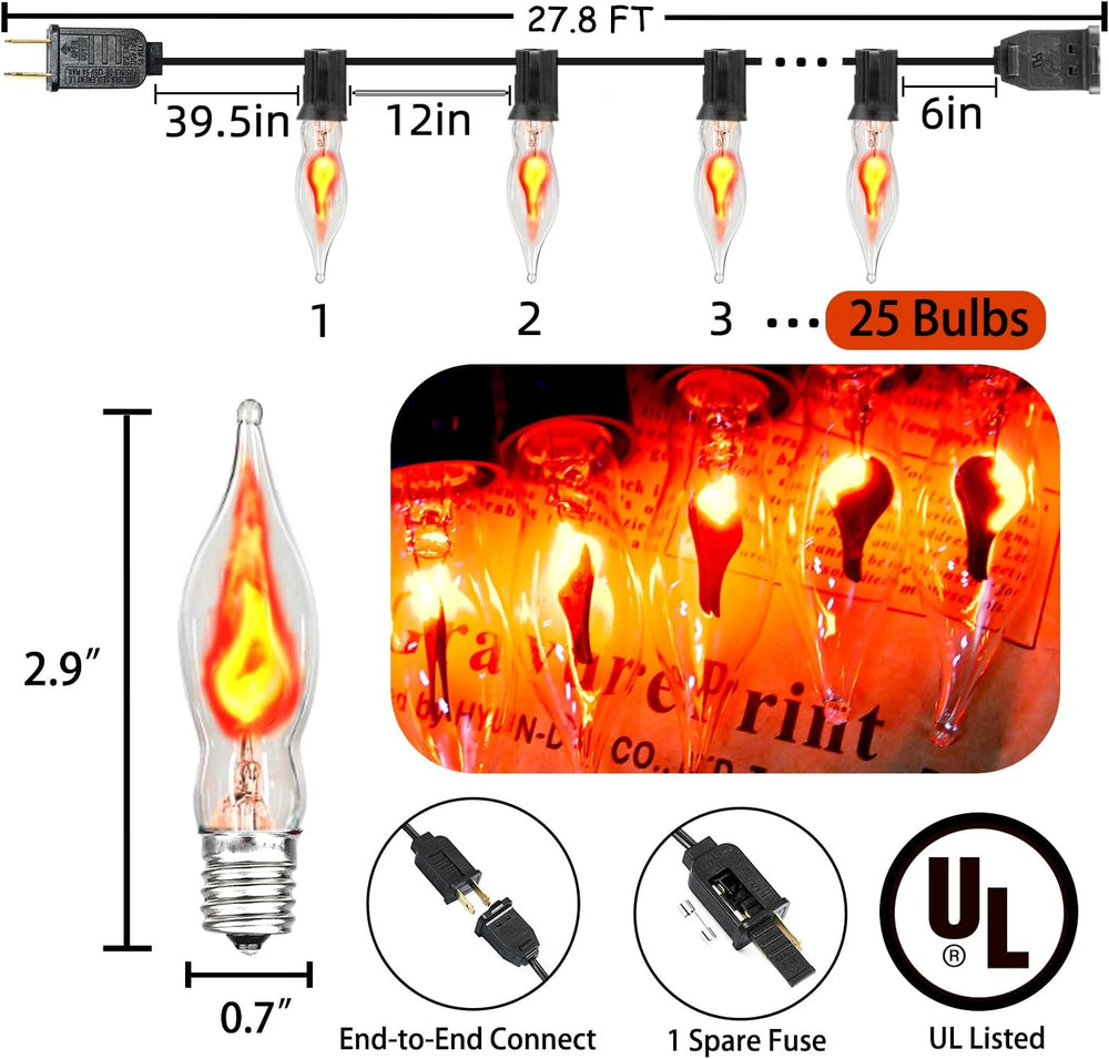PASUTO 27.8Ft Halloween Decor Lights Flickering Flame String Lights with 25+4...