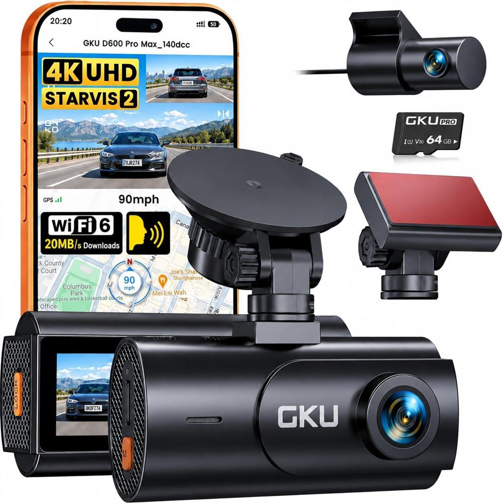 GKU 4K Dual Dash Cam Front and Rear, STARVIS 2 Sensor, 64GB Card Included