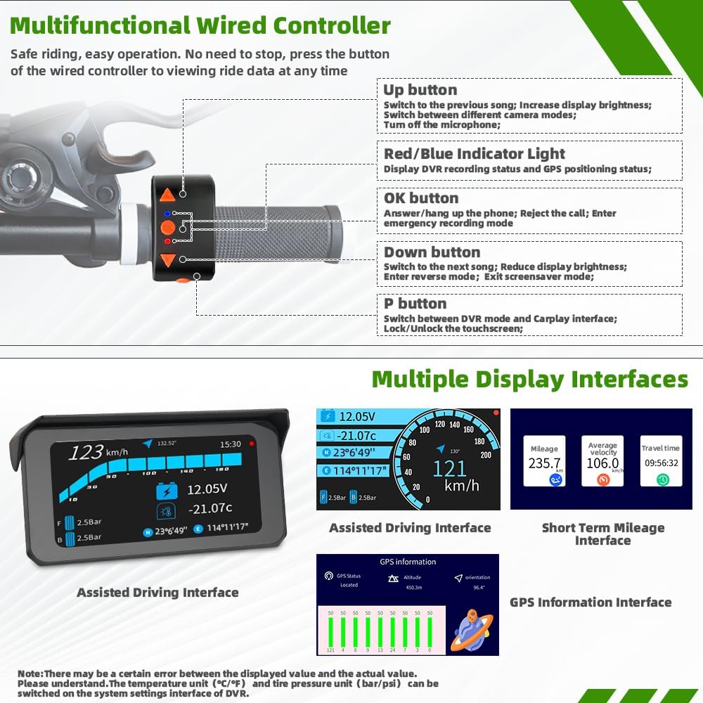 Motorcycle Carplay Screen,5G WiFi 2K Front and Rear Camera, Wireless Carplay ...