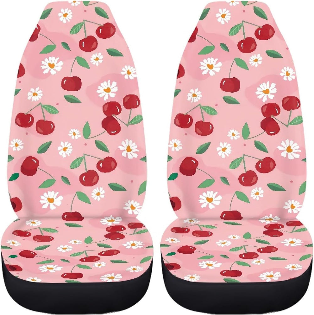 Pink Cherry Print Universal Fit Front Car Seat Cover for Women Girls Stain Re...