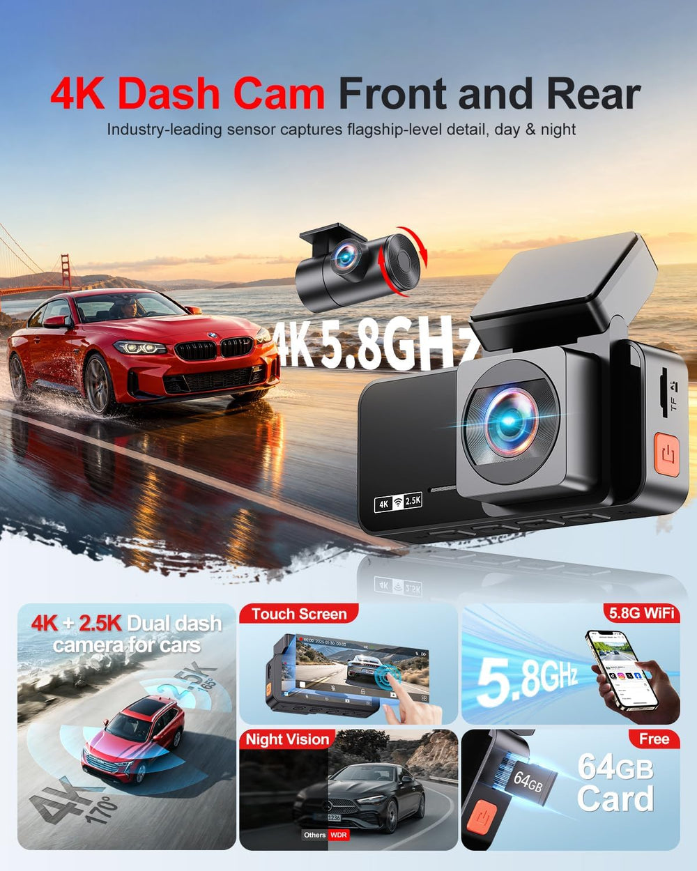 Dash Cam Front and Rear: 4K+2.5K Dash Camera for Cars Free 64GB Card