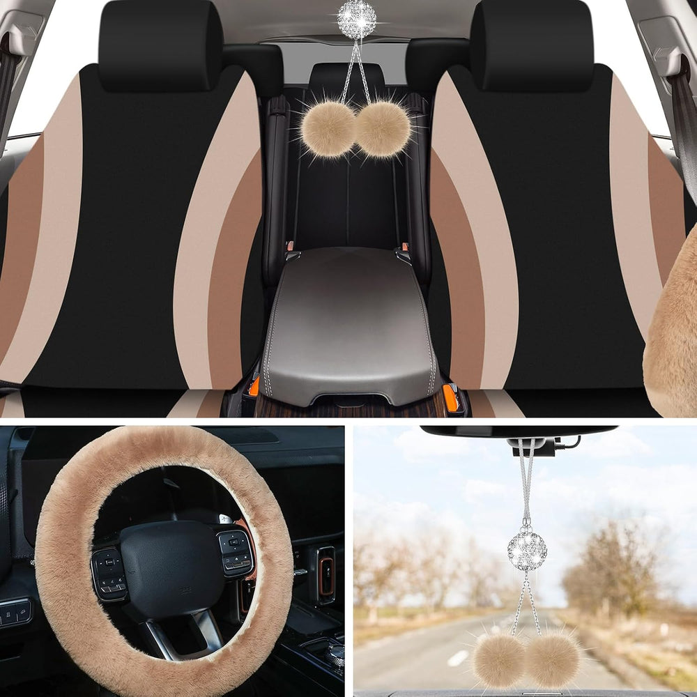 ROCEEI 43 Pcs Fuzzy Car Seat Cover Full Set Beige, Black