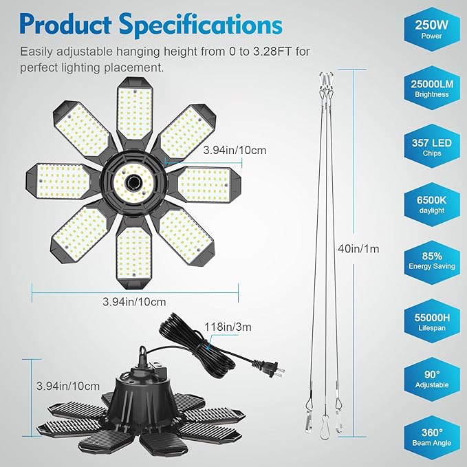 TANBABY Upgrade 250W LED Garage Lights Plug in 2 Pack, Total 50000LM Deformable