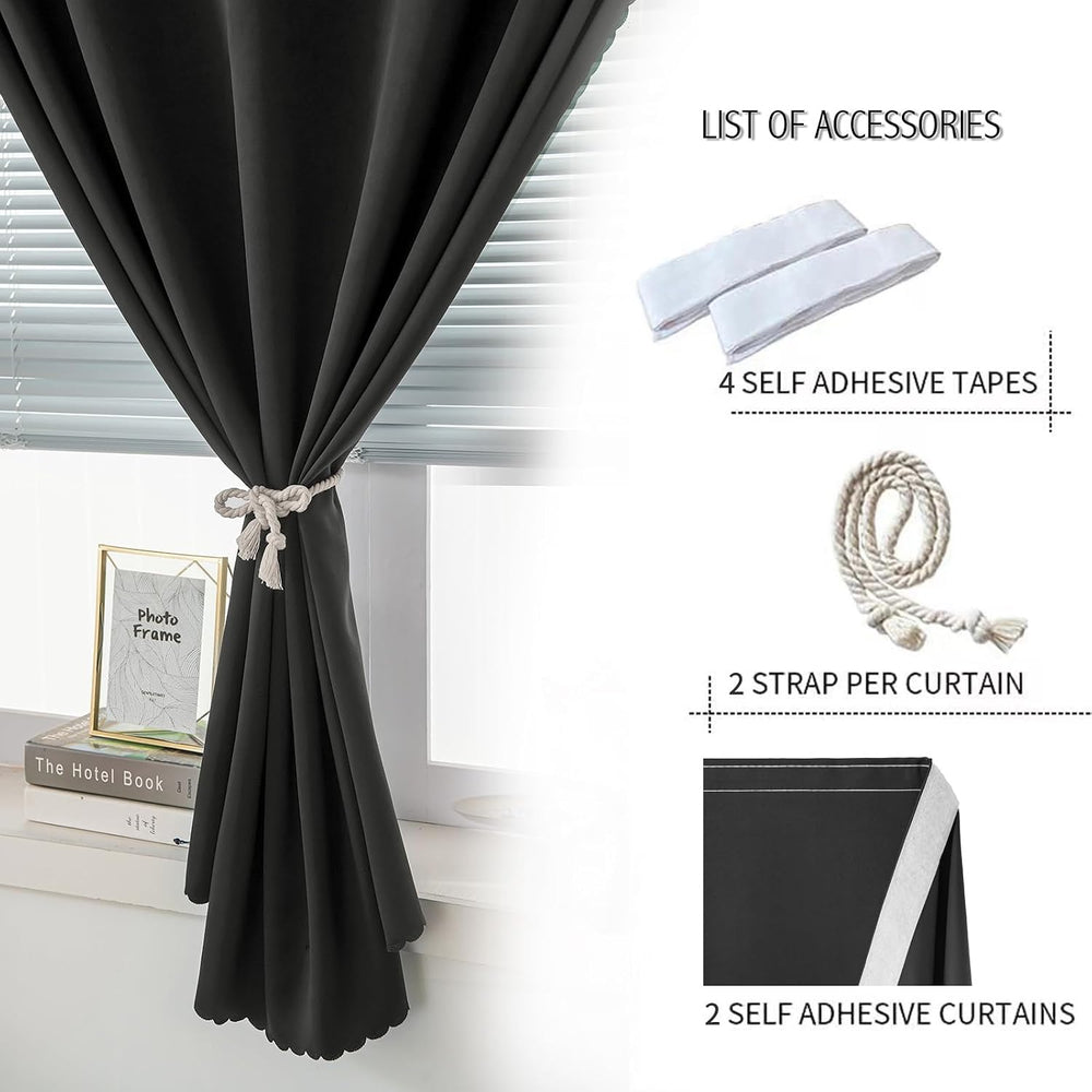Adhesive Blackout Curtains- Self Stick Shades Window Blinds Curtains No Rod N...