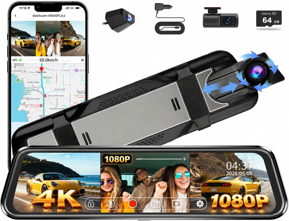 4K Mirror Triple Dash Cam for Cars, Dashcam Rearview with Night Vision WiFi
