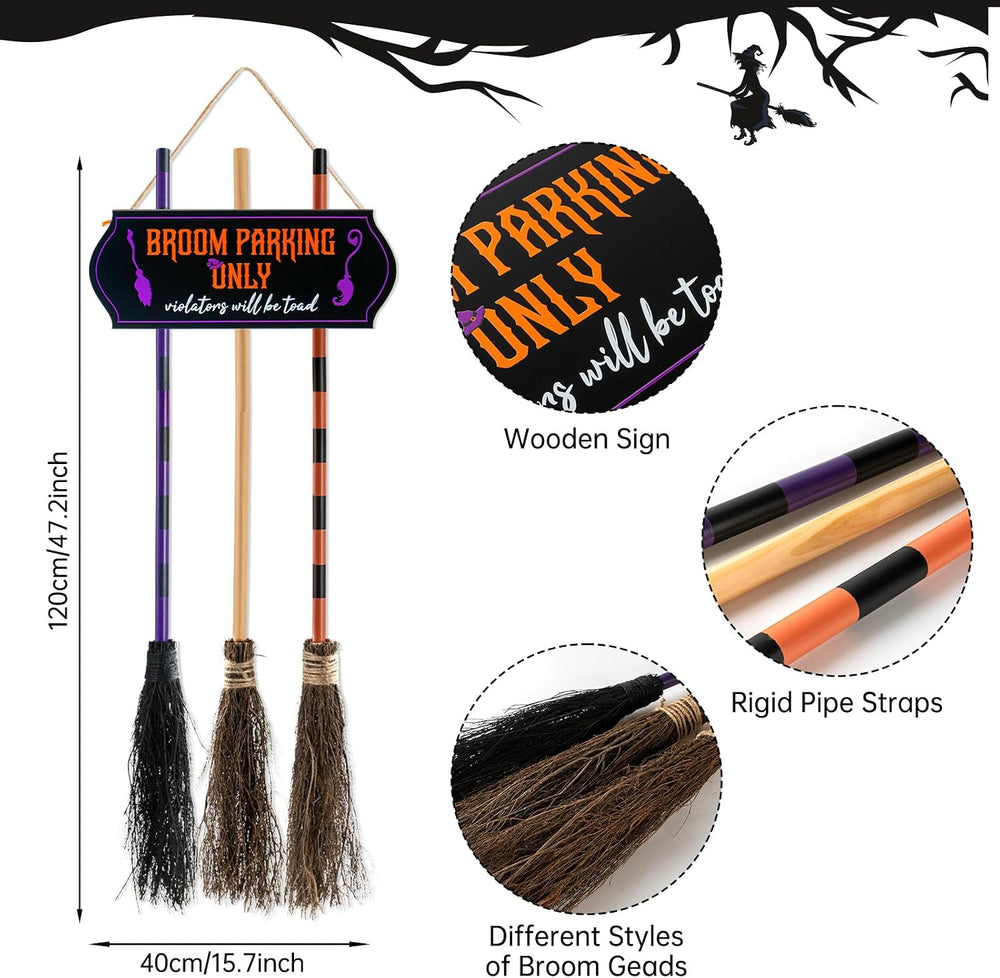 Halloween Broom Parking Sign with 3 Wooden Witch Brooms