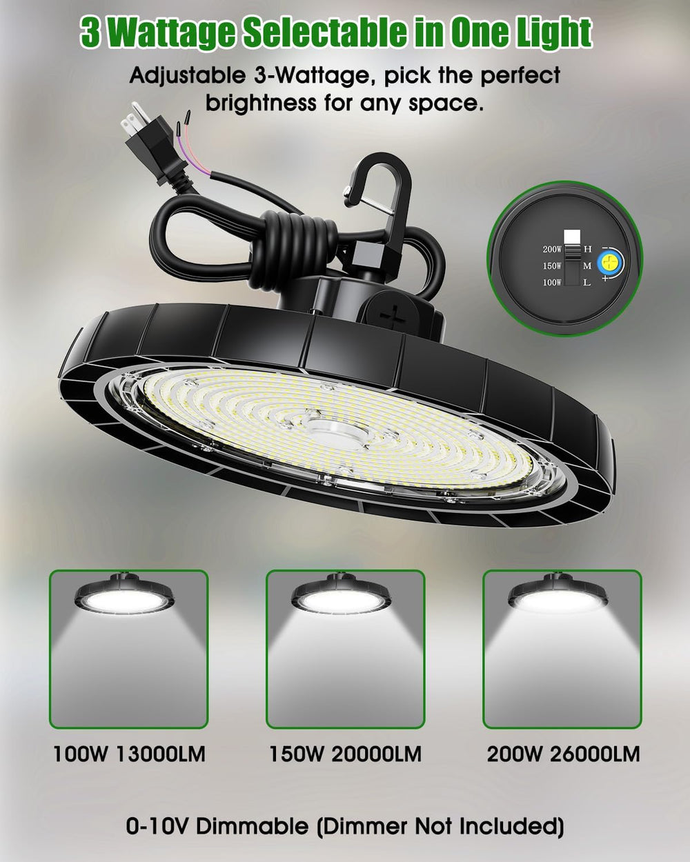 High Bay LED Shop Lights, 200W/150W/100W Adjustable 130LM/W Super Bright 0-10...