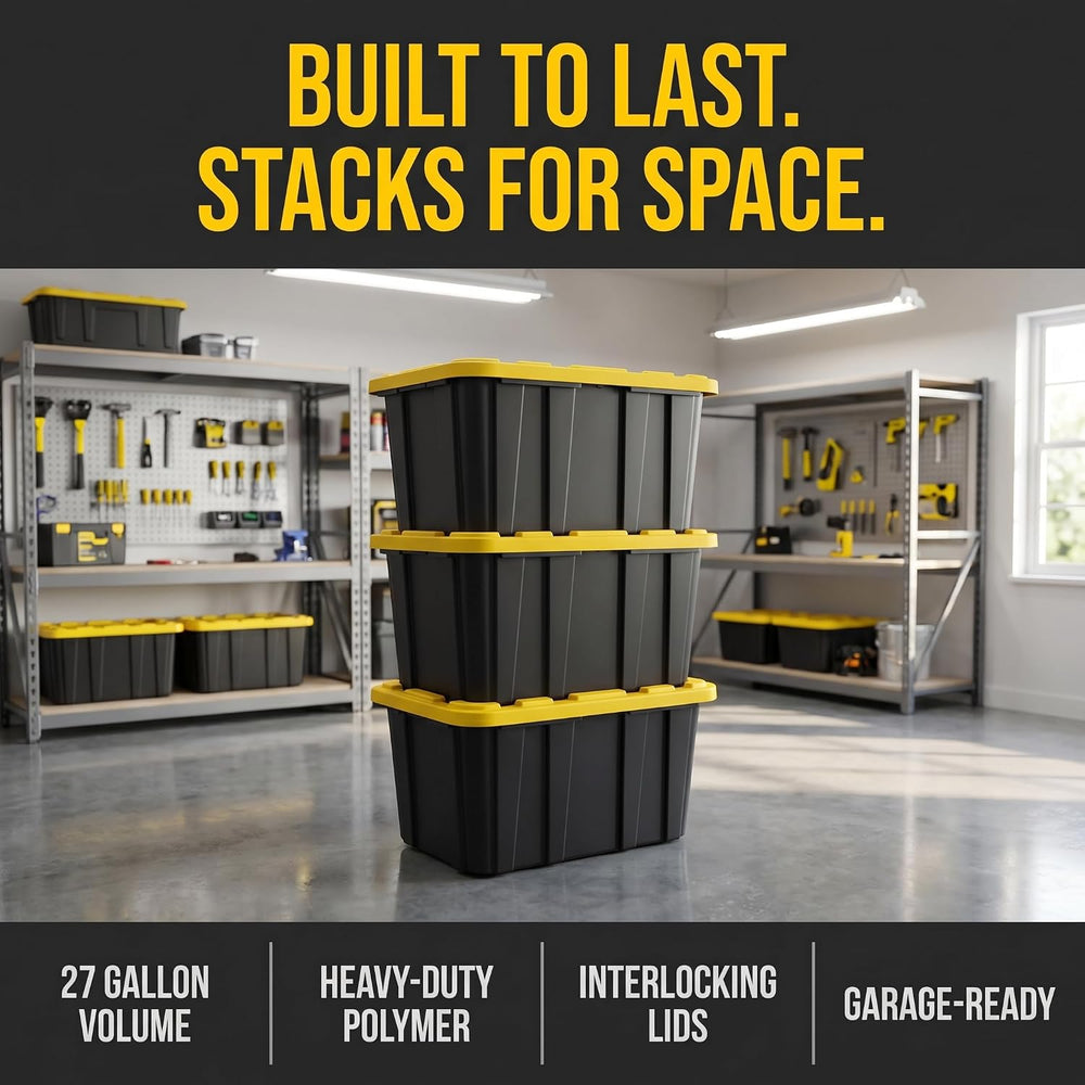 6-Pack 27 Gallon Storage Totes with Lids, Stackable Black & Yellow Bins