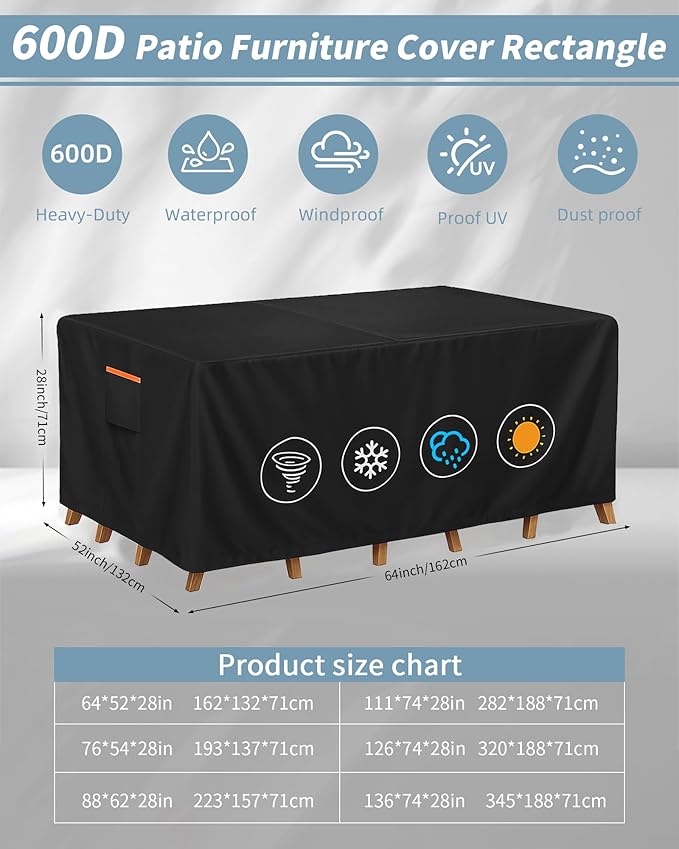 Outdoor Waterproof Furniture Cover, 64W x 52L x 28H inches Heavy Duty 600D