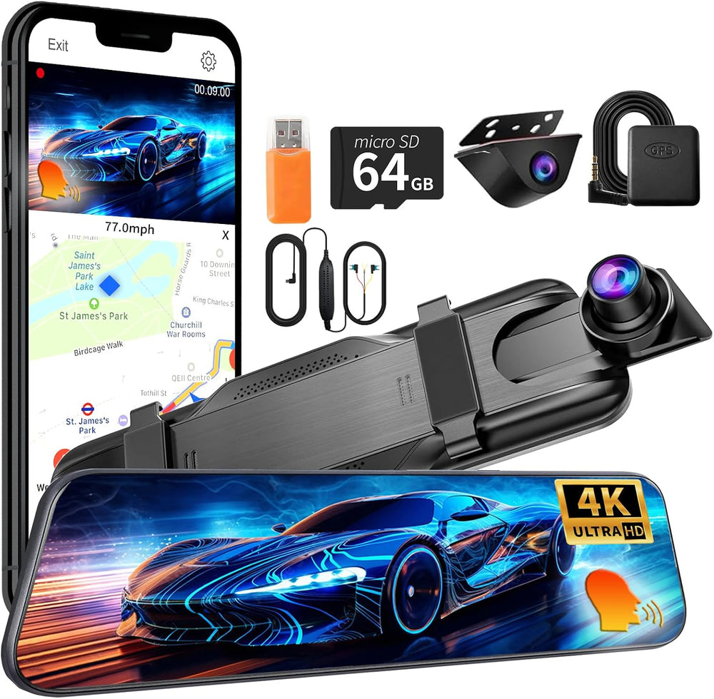 4K+2.5K Rear View Mirror Dual Dash Cam, Voice Control Night Vision WiFi GPS