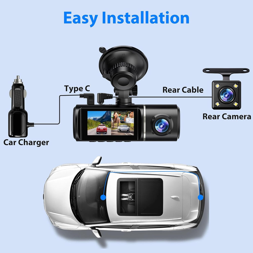 Dash Cam Front and Rear, 1296P Dash Camera for Cars, 3 Channel Car Camera Fro...