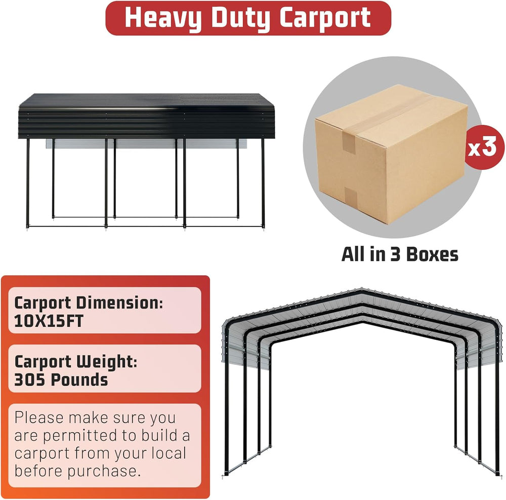 NUGRIART Metal Carport 10 x 15 FT with Heavy Duty Frame & Galvanized Stee...