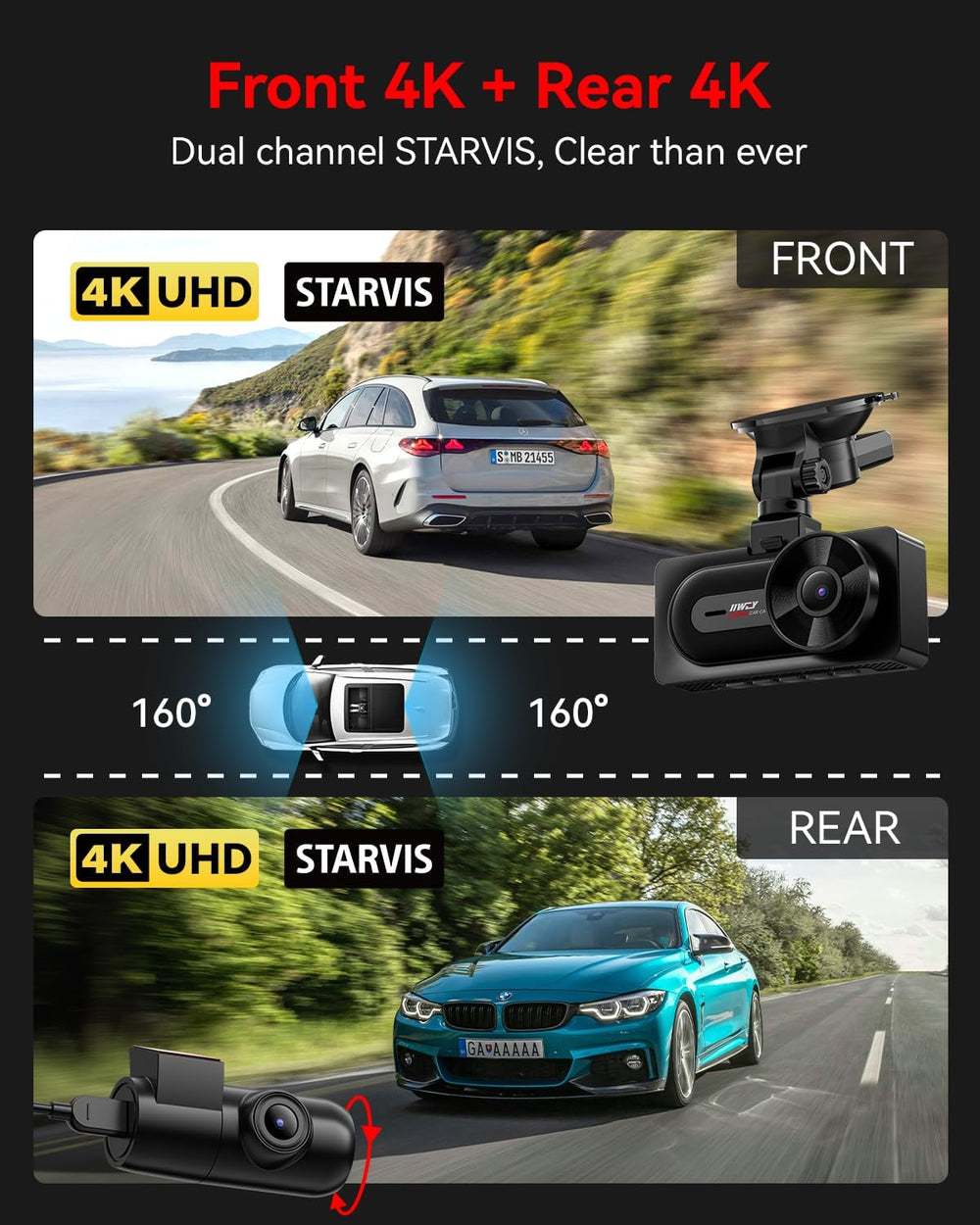 IIWEY 4K+4K Dash Cam Front Rear, Dual STARVIS Sensor, 128G Card Includes