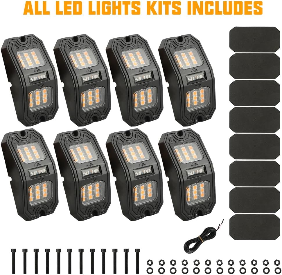 SUNPIE 8 Pods Quick Connect Amber Rock Lights, 18 Wide Angle Chips, 4M Extens...