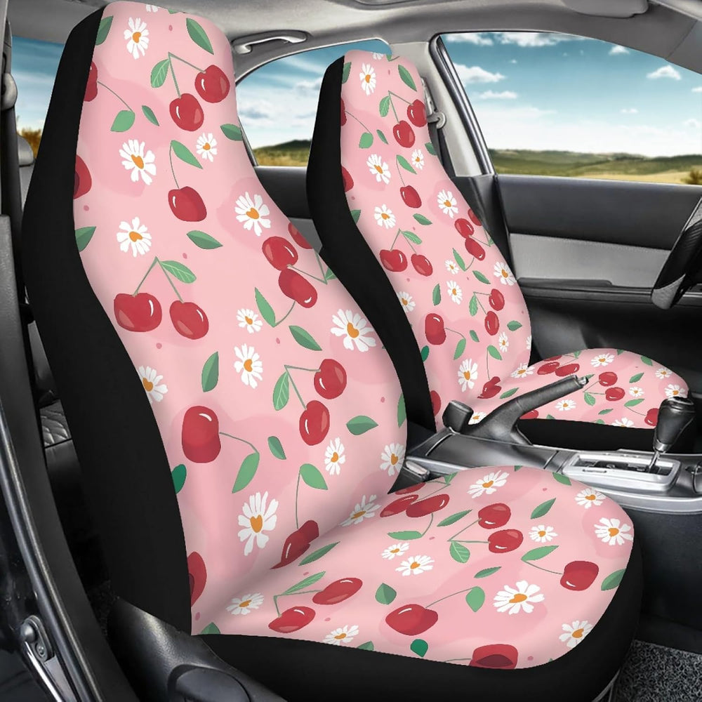 Pink Cherry Print Universal Fit Front Car Seat Cover for Women Girls Stain Re...