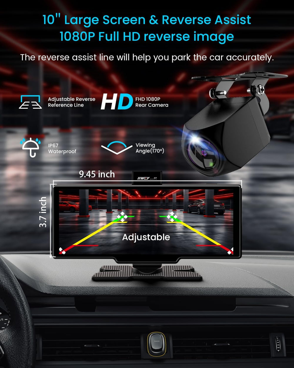 IIWEY iK7 10-Inch Wireless Apple CarPlay Screen, Android Auto, 4K Dash Cam