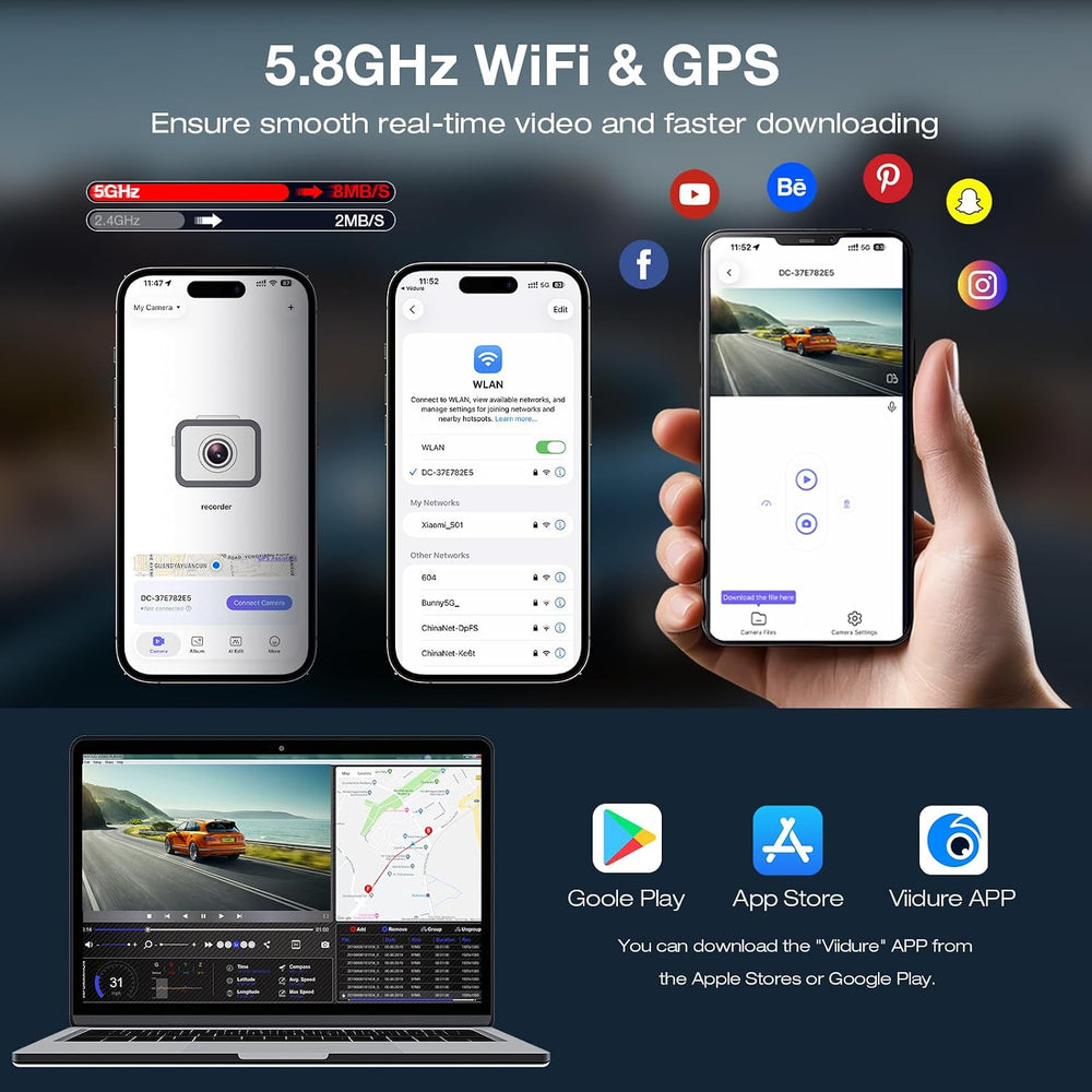4K+2.5K Dash Cam Front and Rear, Built-in GPS, 5.8G WiFi, Free 64GB Card Incl...