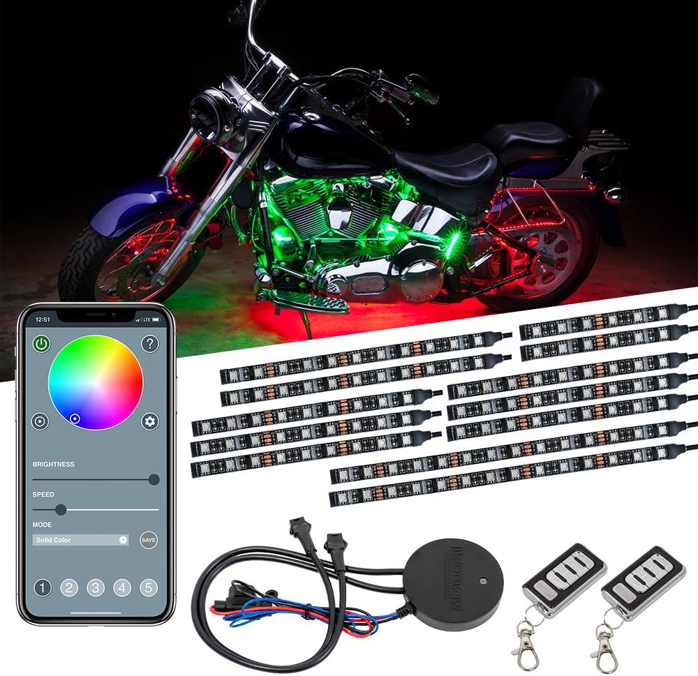 LEDGlow 12pc Bluetooth Advanced Million Color LED Motorcycle Accent Underlow ...