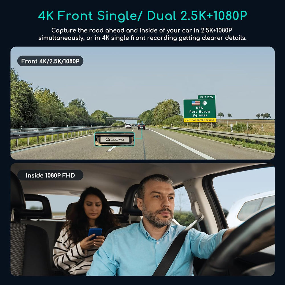 COOAU D30S 4K Dash Cam with GPS Wi-Fi, Front and Inside Dual 2.5K 1080P, Uber...