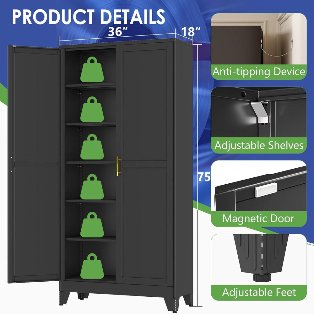 75" Metal Garage Storage Cabinet with 2 Doors and 5 Adjustable Shelves,M...