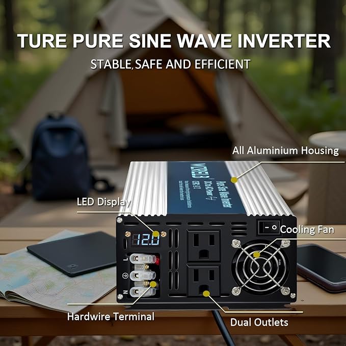 WZRELB 4000W Pure Sine Wave Inverter, Car Power Inverter 12V DC to 110V 120V AC