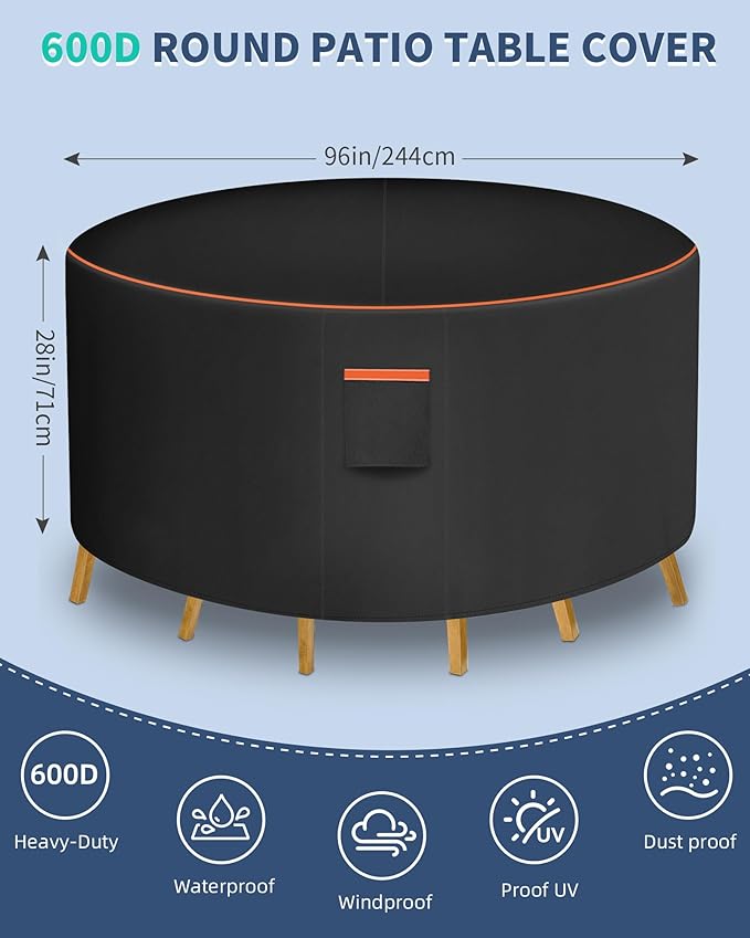 Round Patio Furniture Cover, 96 Inch Diameter Waterproof 600D Heavy Duty Table