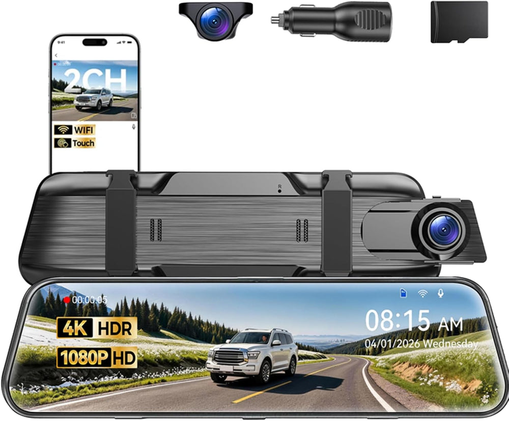 4K Mirror Dash Cam, Rear View Mirror Camera 10'', FHD Full Touch Scre...