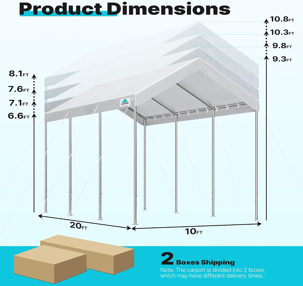 10x20 ft Heavy Duty Carport, Adjustable Height Car Canopy