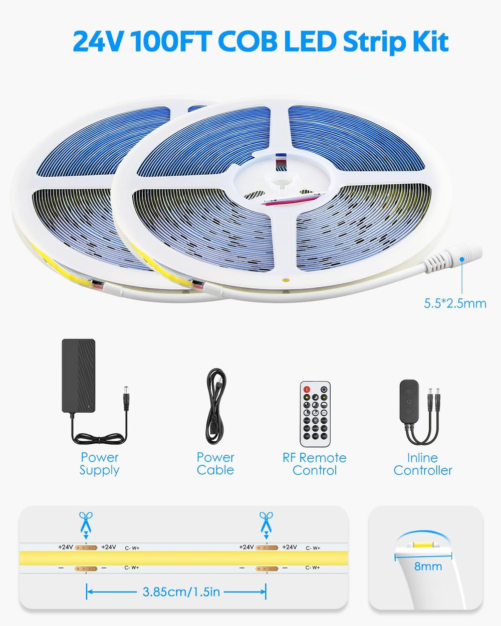 Adhesive COB LED Strip Lights 100ft Dimmable with Remote Warm White 3000K