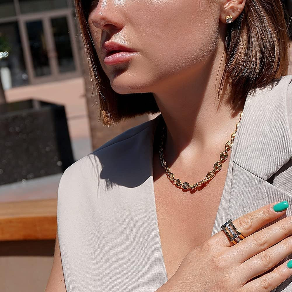 CIUNOFOR Gold Plated Chain Necklace for Women, Two-Tone Modern Statement Link...